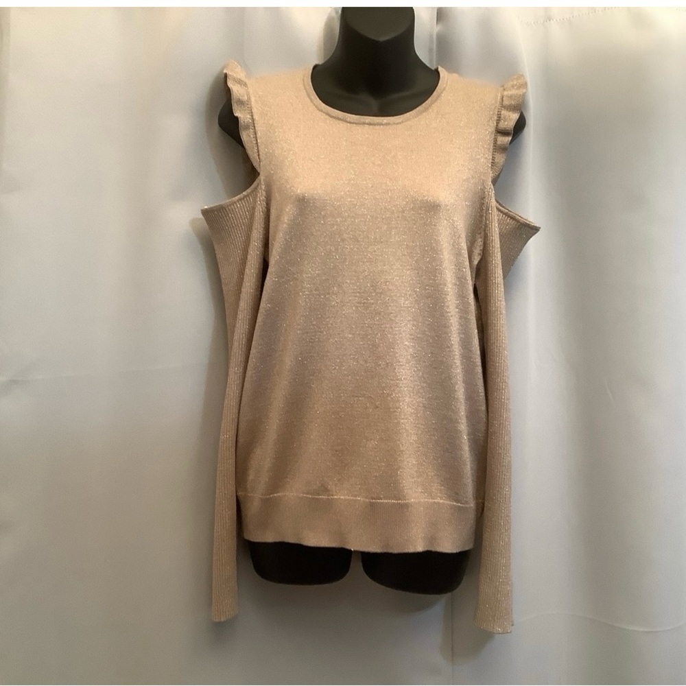 DKNY Sweater Womenโs Size Large Cold Shoulder Knit Stretchy Metallic Gold